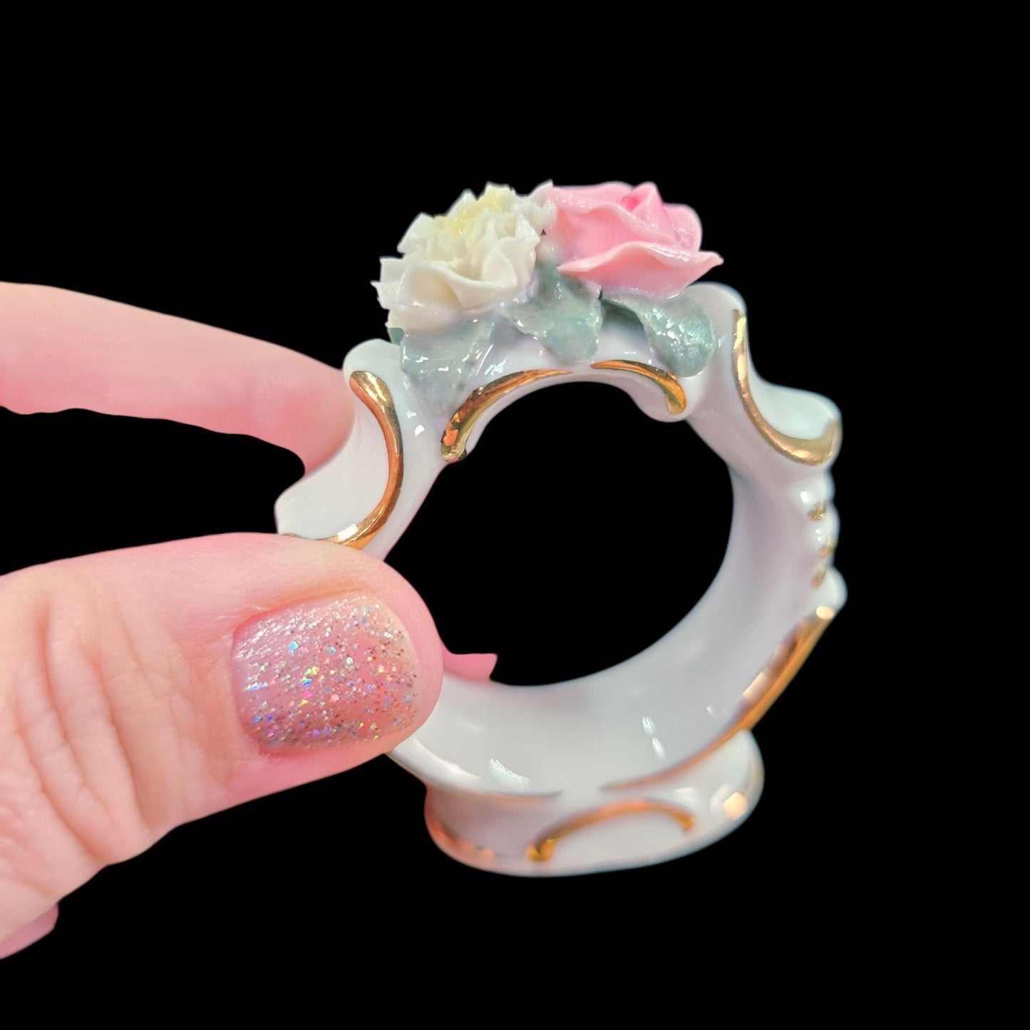 Vintage Set Of Six Dresden Pink Rose Porcelain Napkin Rings