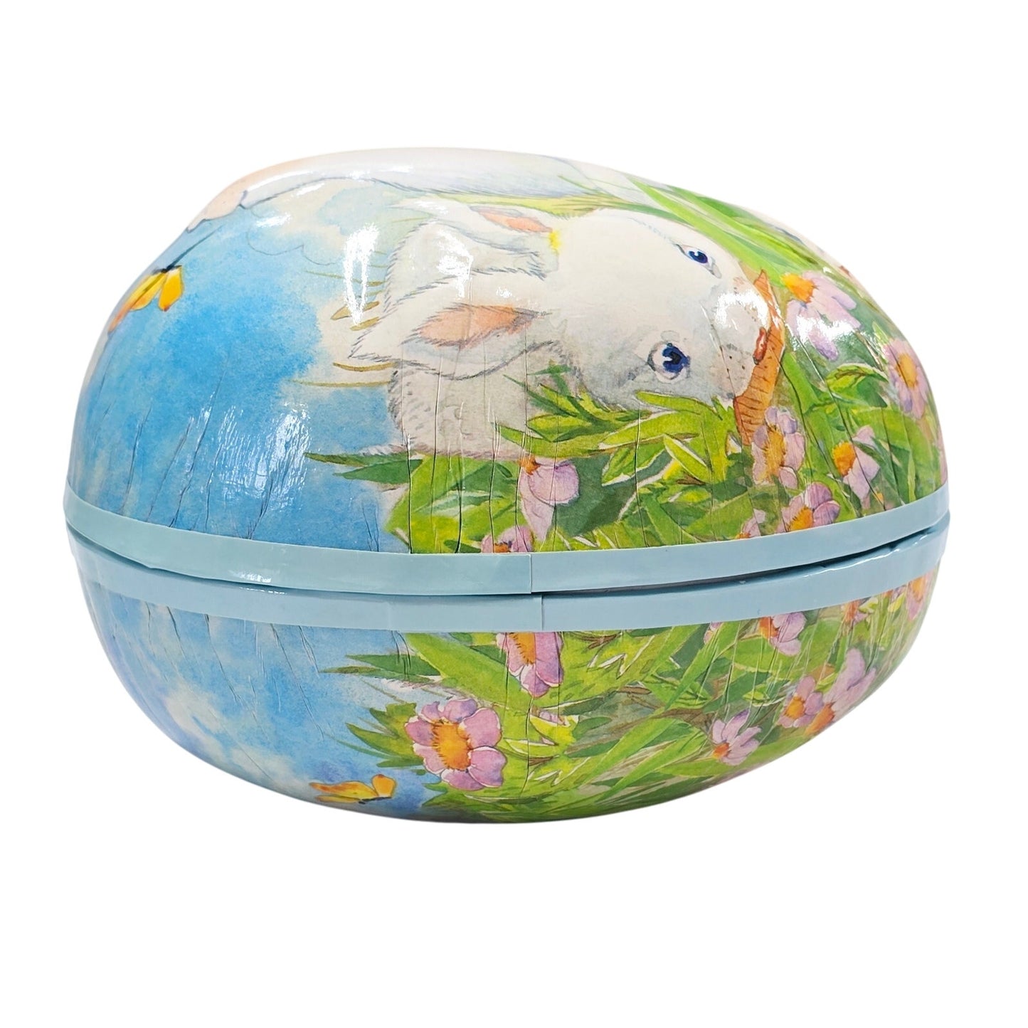 Large Paper Mache Novelty Easter Egg Candy Box with Bunnies, Flowers and Butterflies by See's Candy