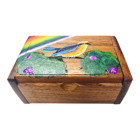 Wood Hand-painted Trinket Treasure Box Bird Tree Rainbow Made in Costa Rica Read