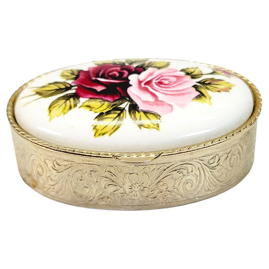 Vintage Ceramic & Metal Hinged Pill Box, Floral Roses Trinket Box