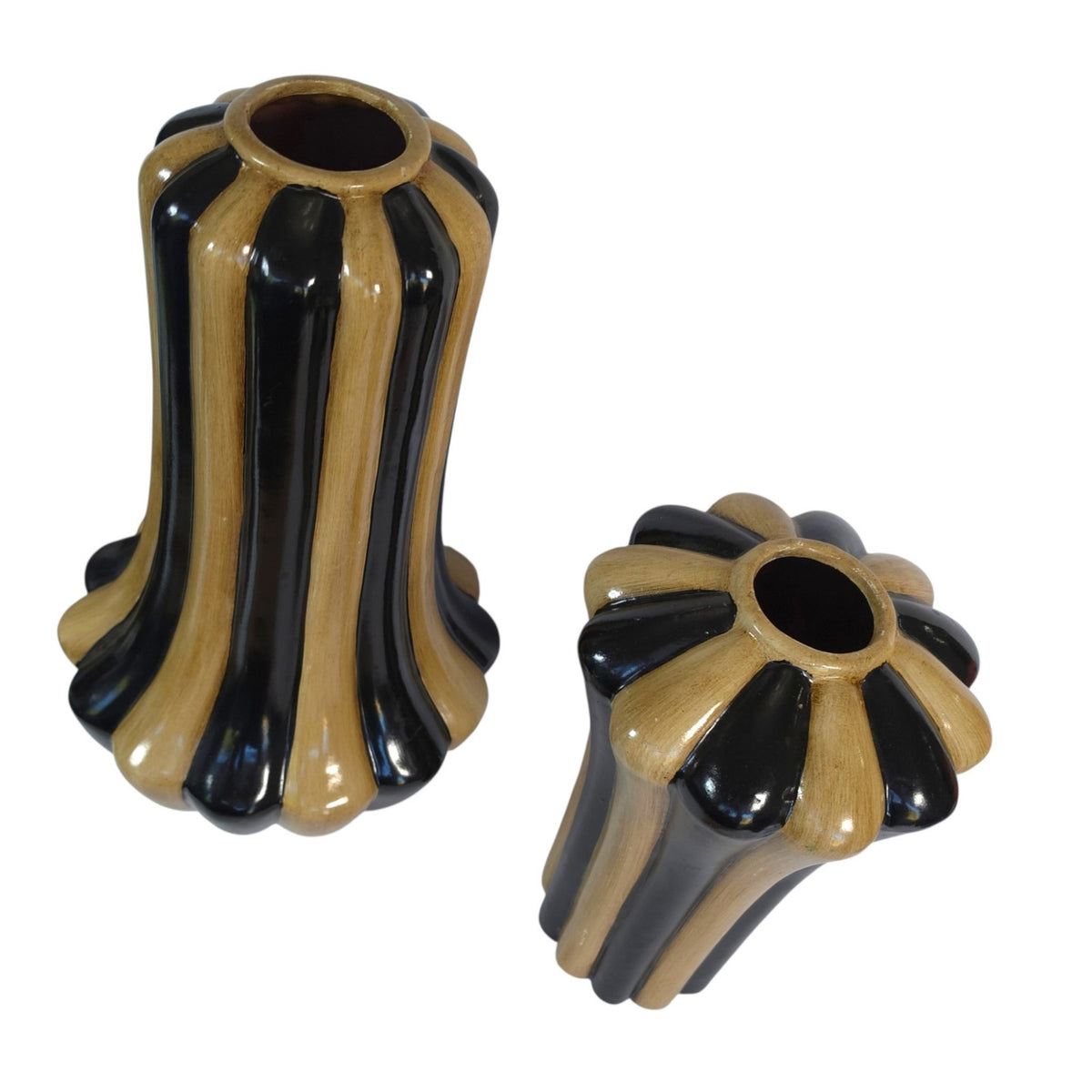 Art Deco Hollywood Regency Black Tan Fluted Ceramic Vases Set of 2 Hobby Lobby