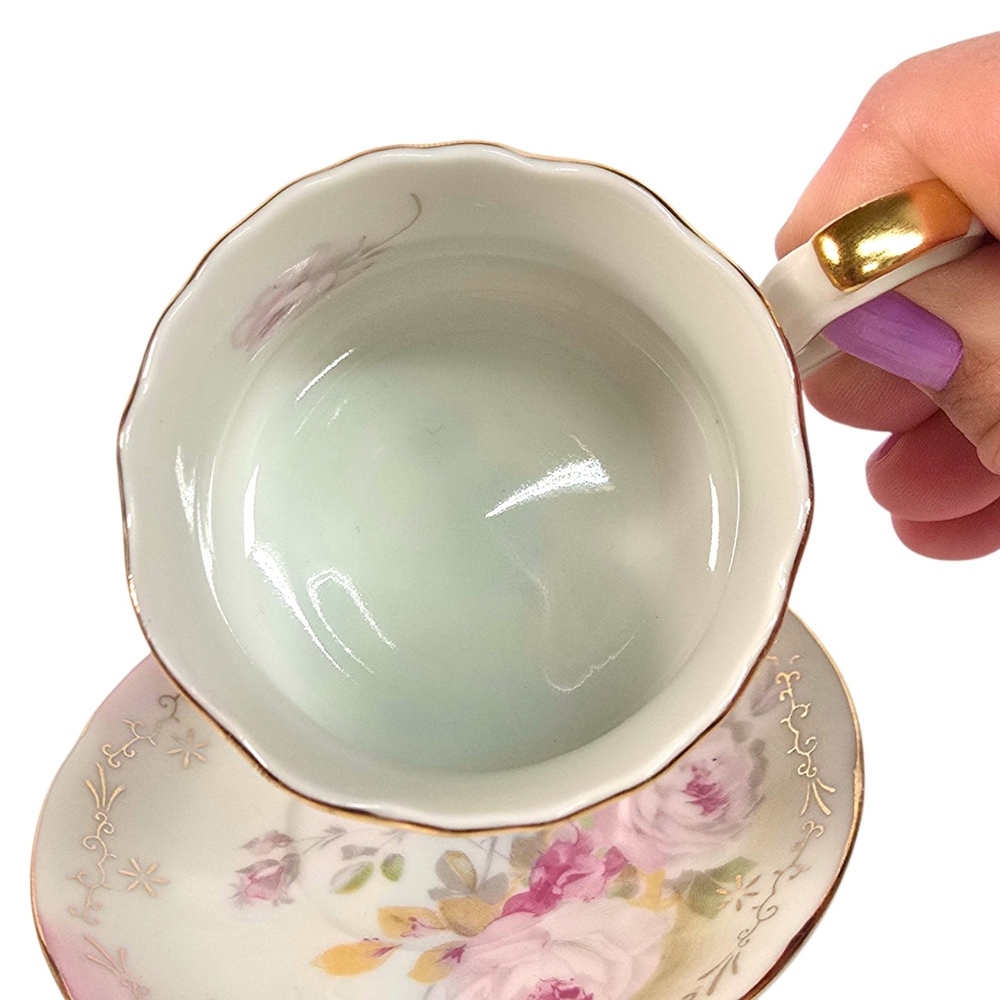 Vintage Japanese Porcelain Demitasse Cup and Saucer Set Floral Gold Trim Rose