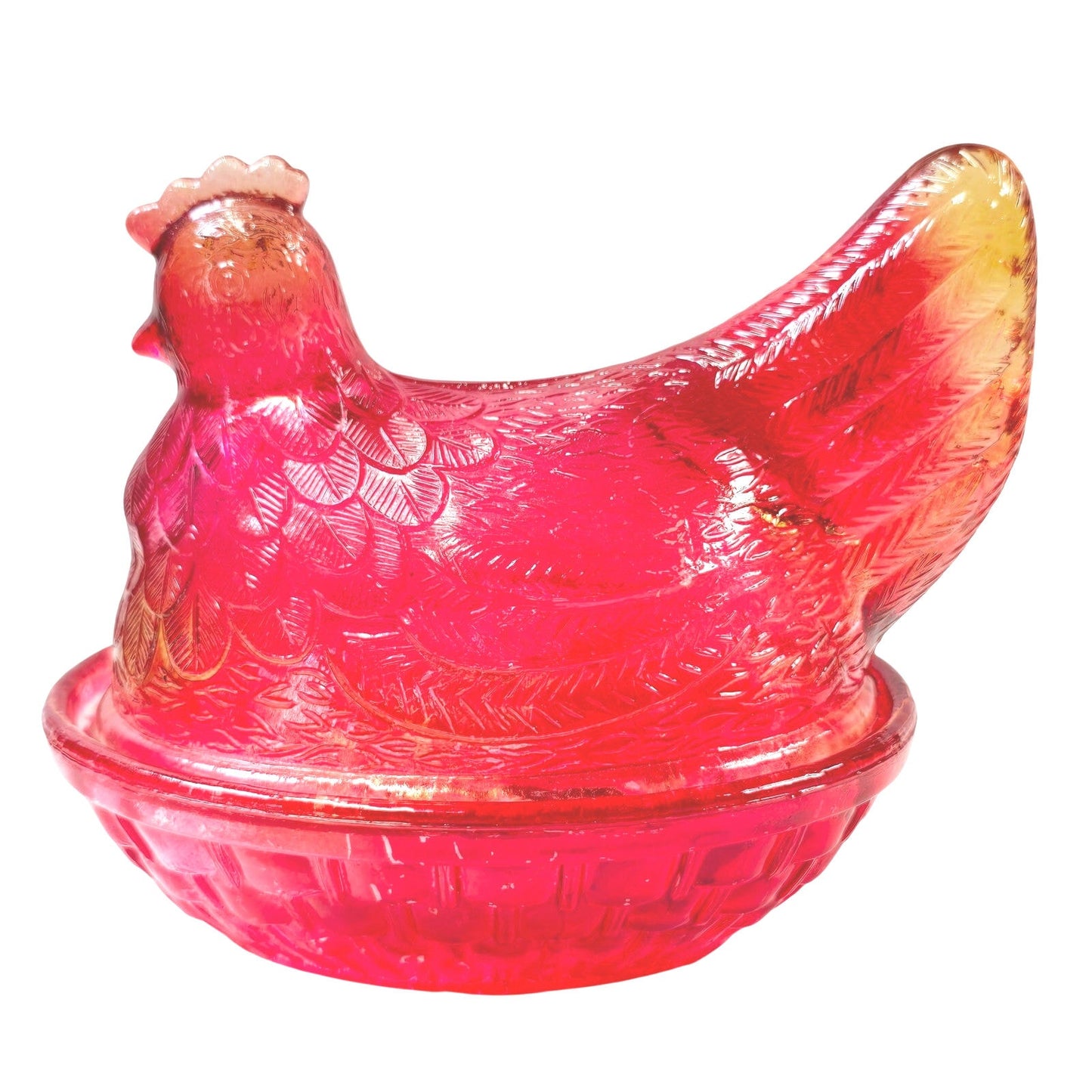 Vintage Red Amberina Flashed Glass Hen on Nest Lidded Candy Dish