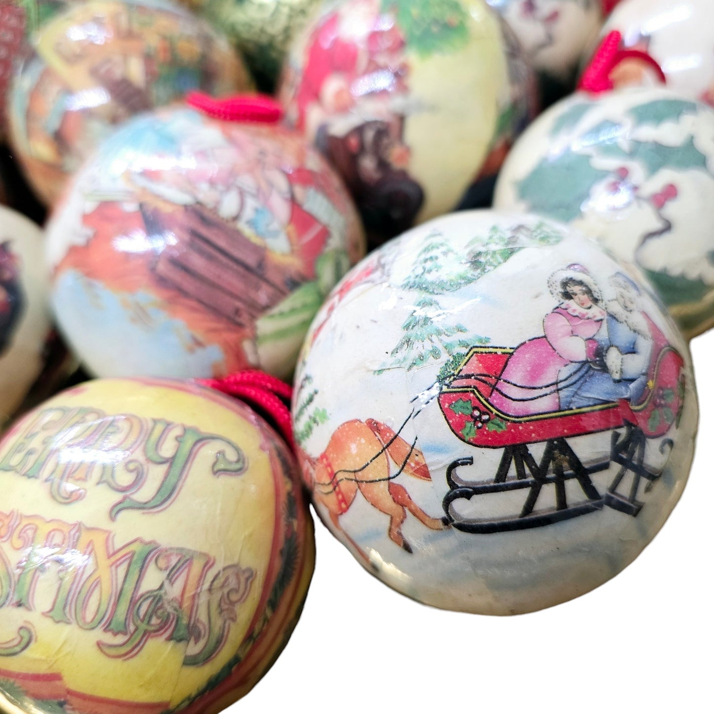 Lot of 16 Vintage Decoupage Paper Mache Christmas Ball Ornaments