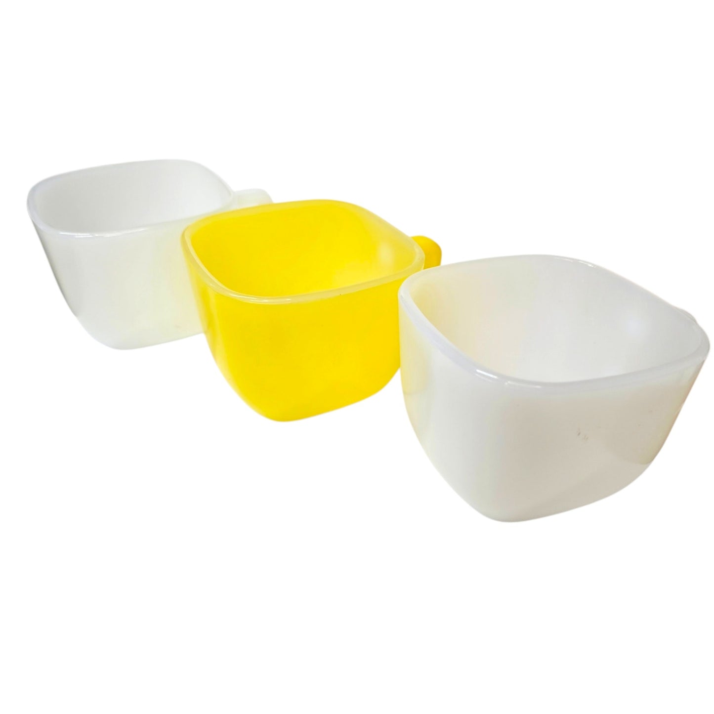 Glasbake Milk Glass Mugs Set 3 Square White Yellow USA Vintage Coffee Cups
