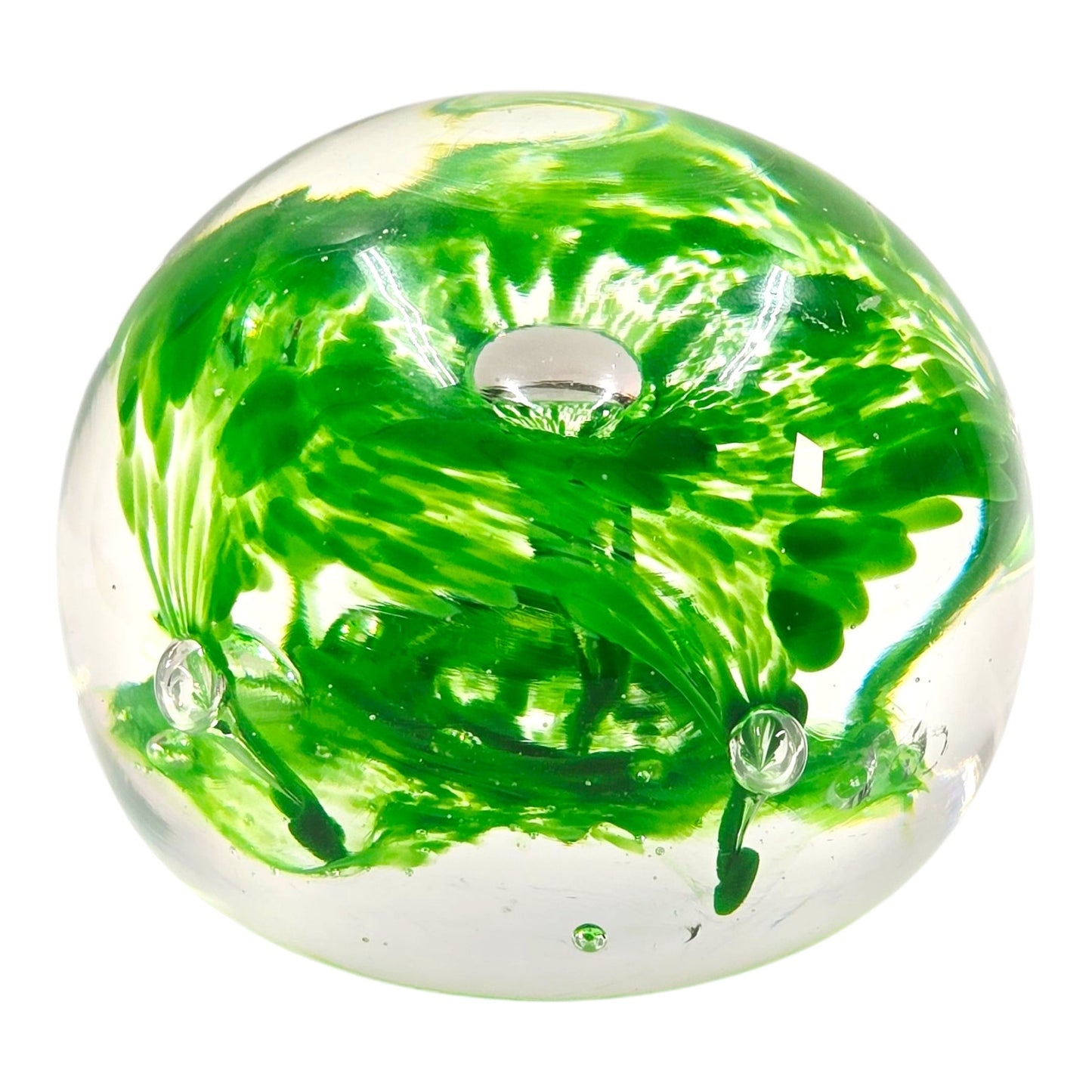 Hand-Blown Art Glass Paperweight, Green Flower Swirl AS IS Imperfection