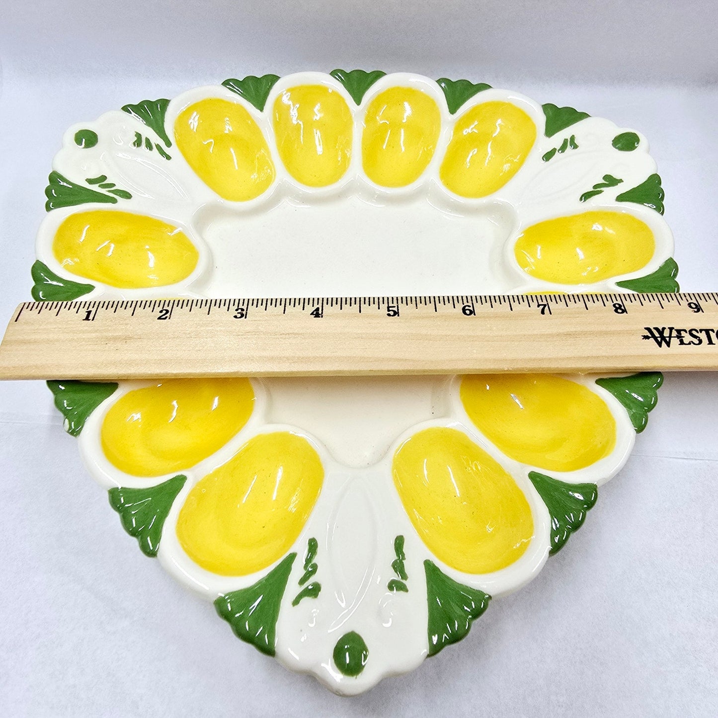 Vintage Handpainted Triangle Egg Dish, Egg Plate, Holds 12 Eggs, Signed BJ