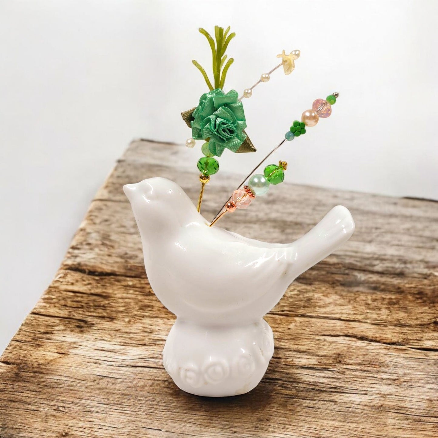 Vintage Green Floral Accent White Bird Salt Shaker Hat Pin Display