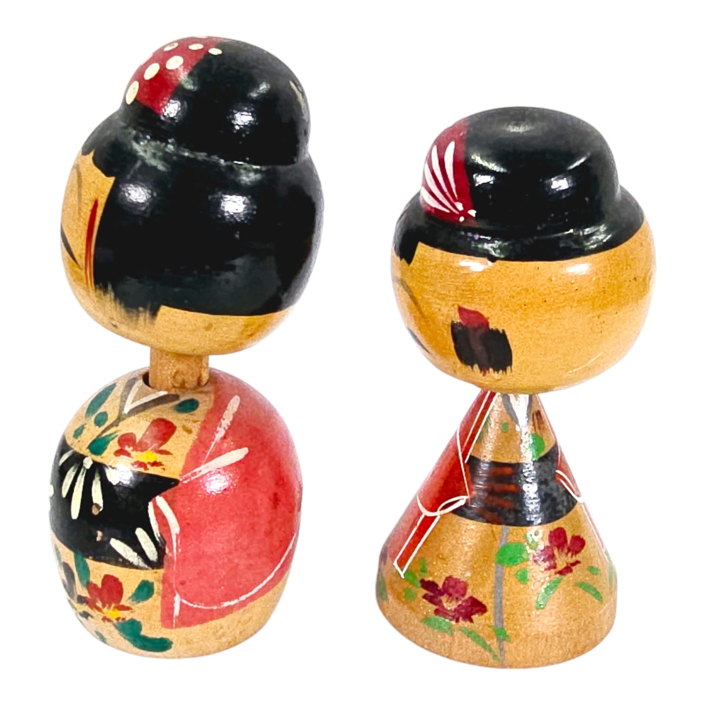 Set of 2 Vintage Miniature Wooden Kokeshi  Wobble Dolls with Magnet Base, Boy and Girl Handpainted Doll Japan, 3.5" & 3.25" H