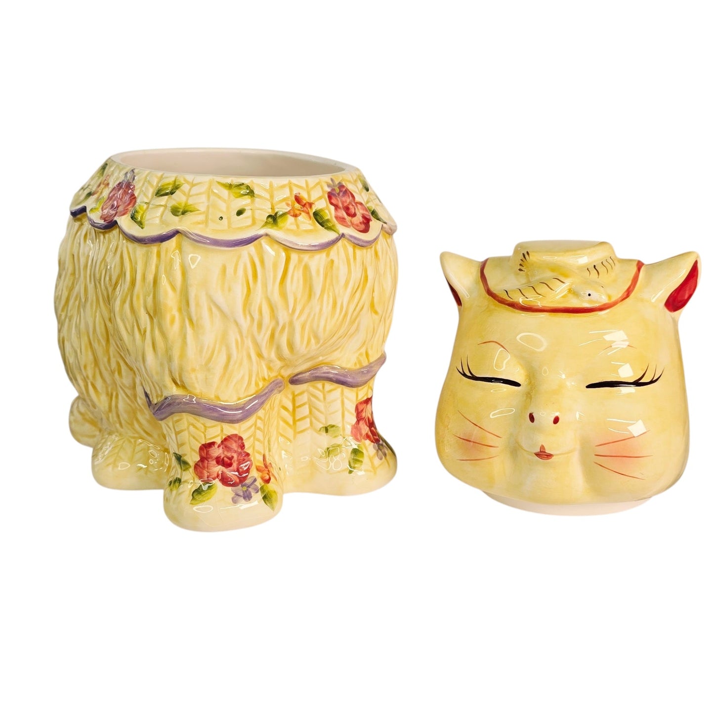 Block Puss 'n Boots Ceramic Cat Cookie Jar Floral Adorable Cat