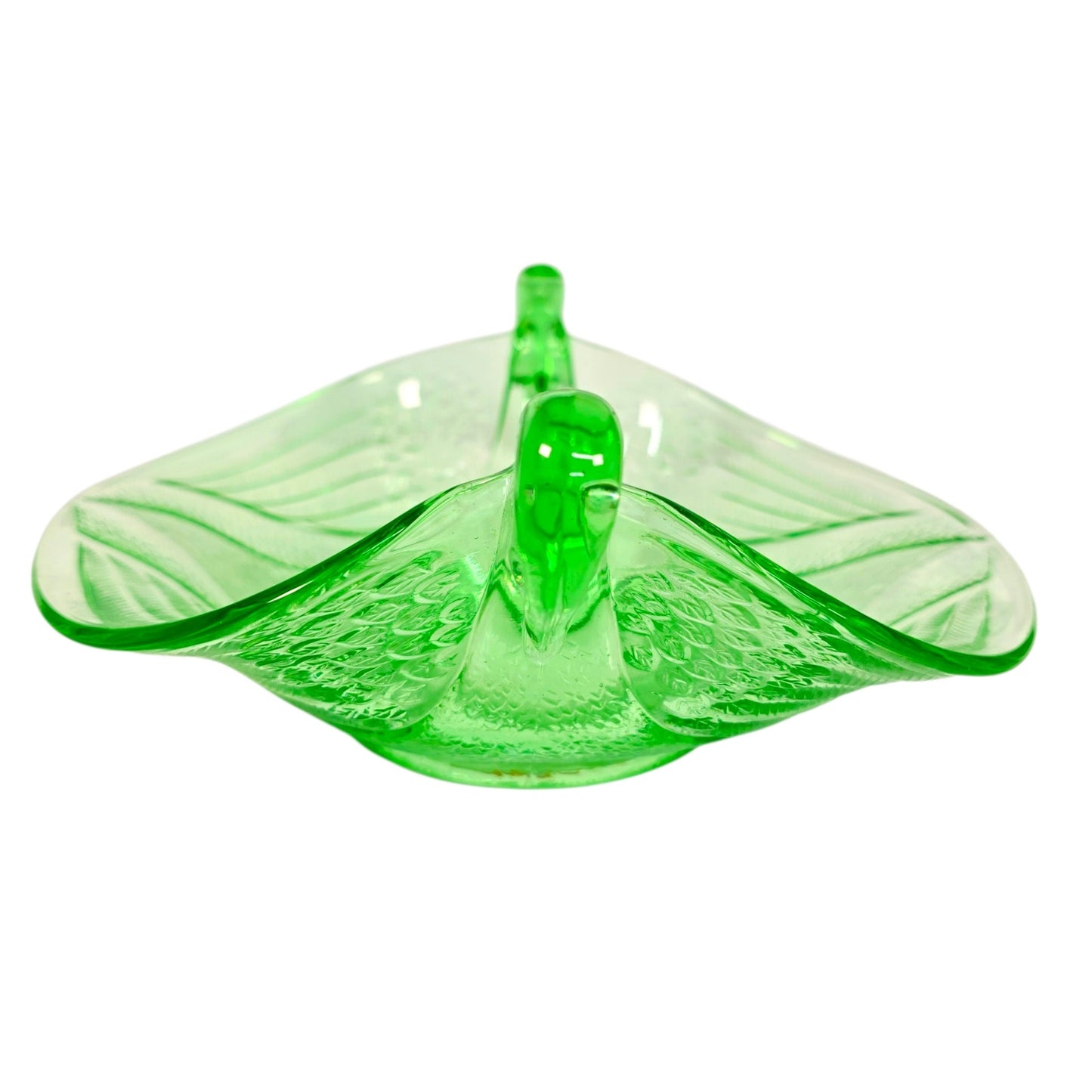 Fenton Dugan Uranium Glass Seagull Dish Swan Double Handle Green Glow Vintage