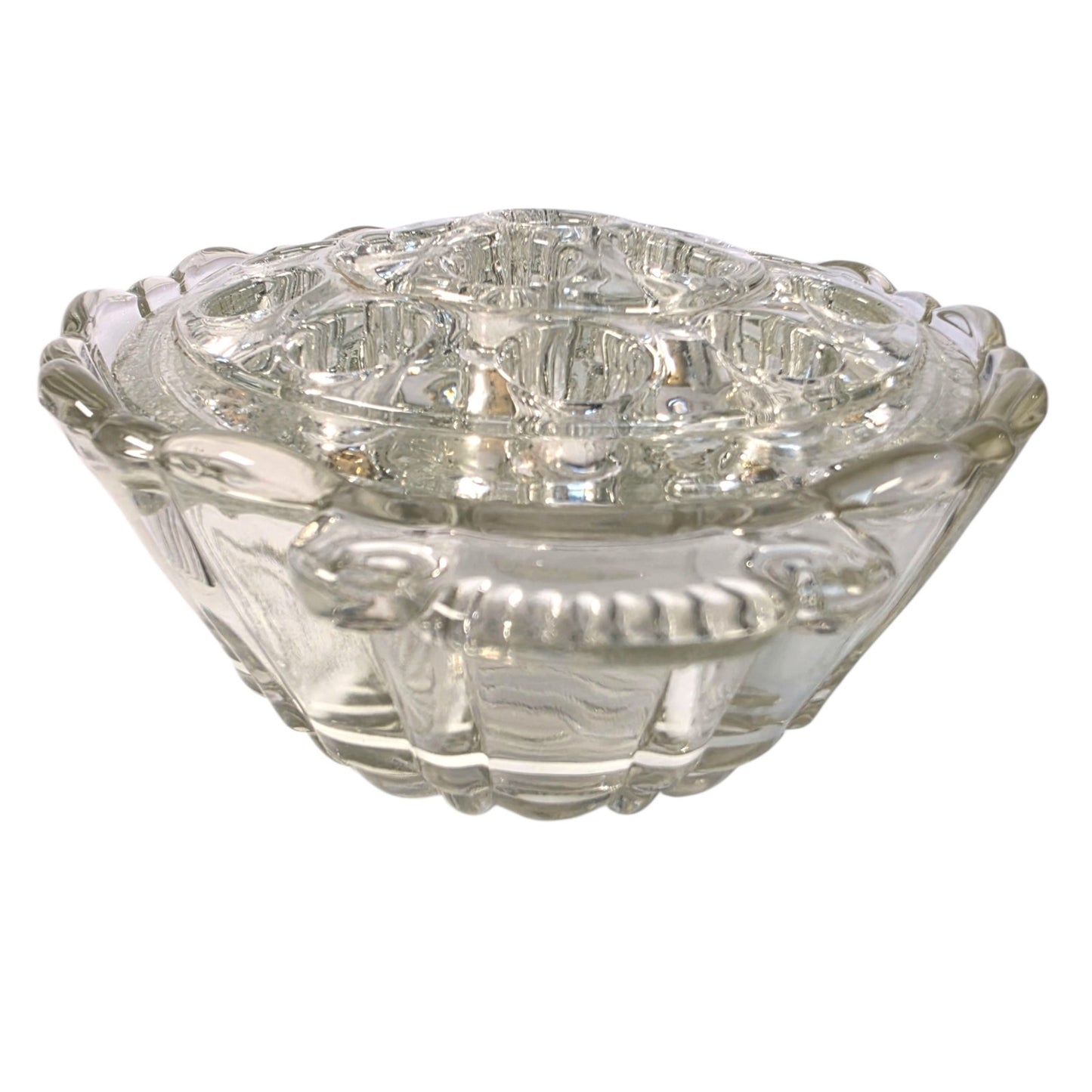 Vintage Clear Pressed Glass Flower Frog Bowl 16-Hole Handle Vase Set