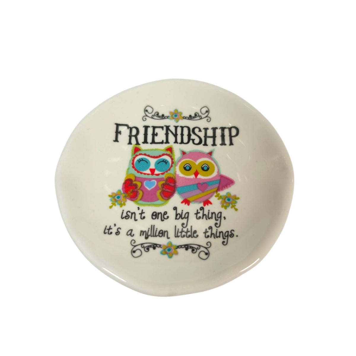 Natural Life Friendship Owls Ceramic Trinket Dish Ring Jewelry Tray 3 Inch