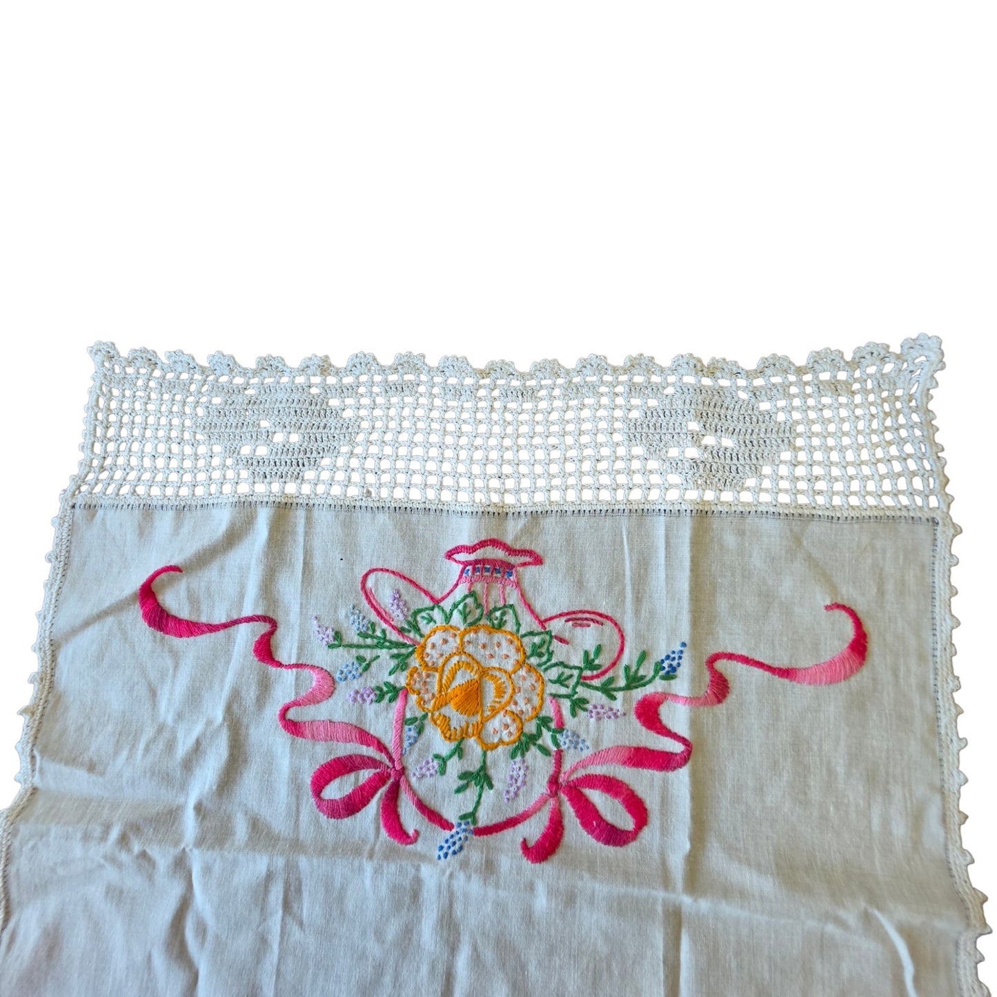 Vintage Floral Basket Embroidered Dresser Scarf Linen Runner Double Sided 32"