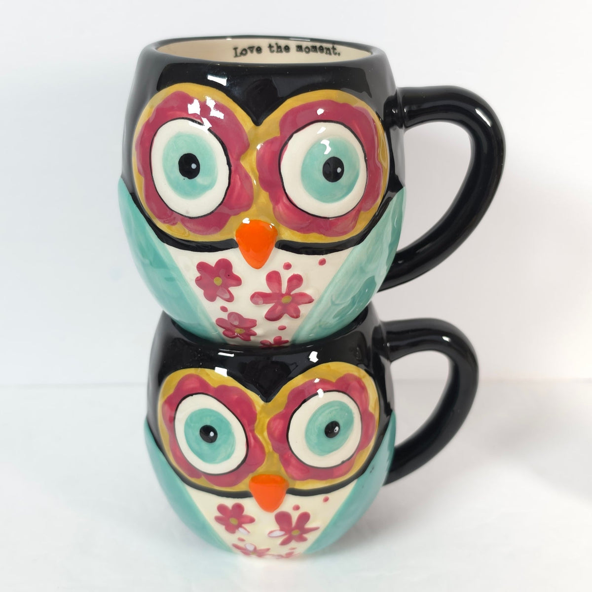 Natural Life Owl Coffee Mugs Set of 2 Love the Moment Black Turquoise