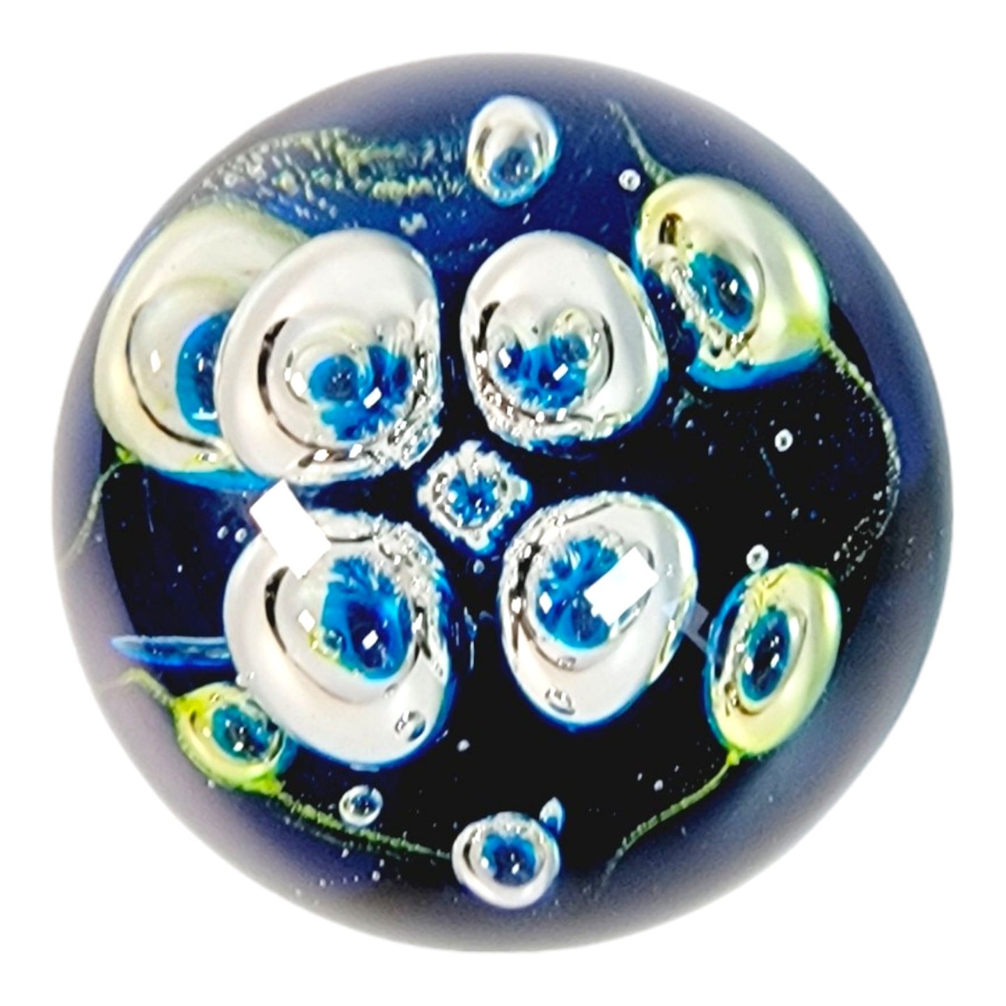 Dynasty Gallery Hand-Blown Art Glass Paperweight Blue Yellow Bubbles 3" Tall