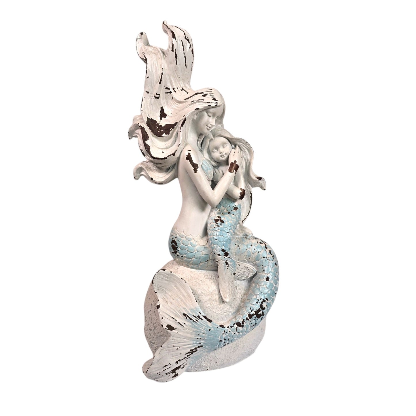 Mermaid Mother Child Figurine Undersea Fantasy Resin Statue Coastal Rustic Beach