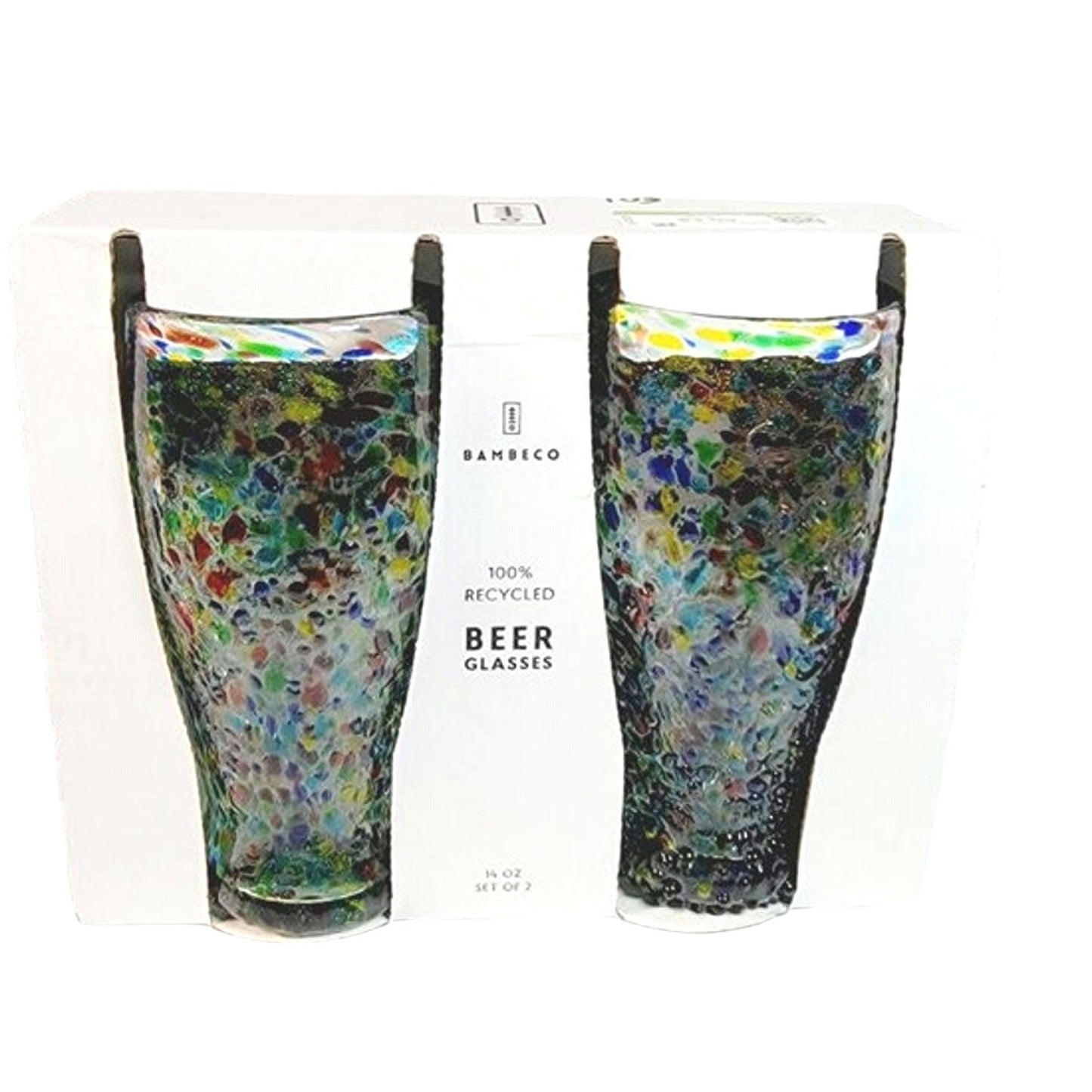 Bambeco Recycled Confetti Glass Beer Tumblers 14 oz. Set of 2 Hand-Blown Artisan Mexico 2017 NIB