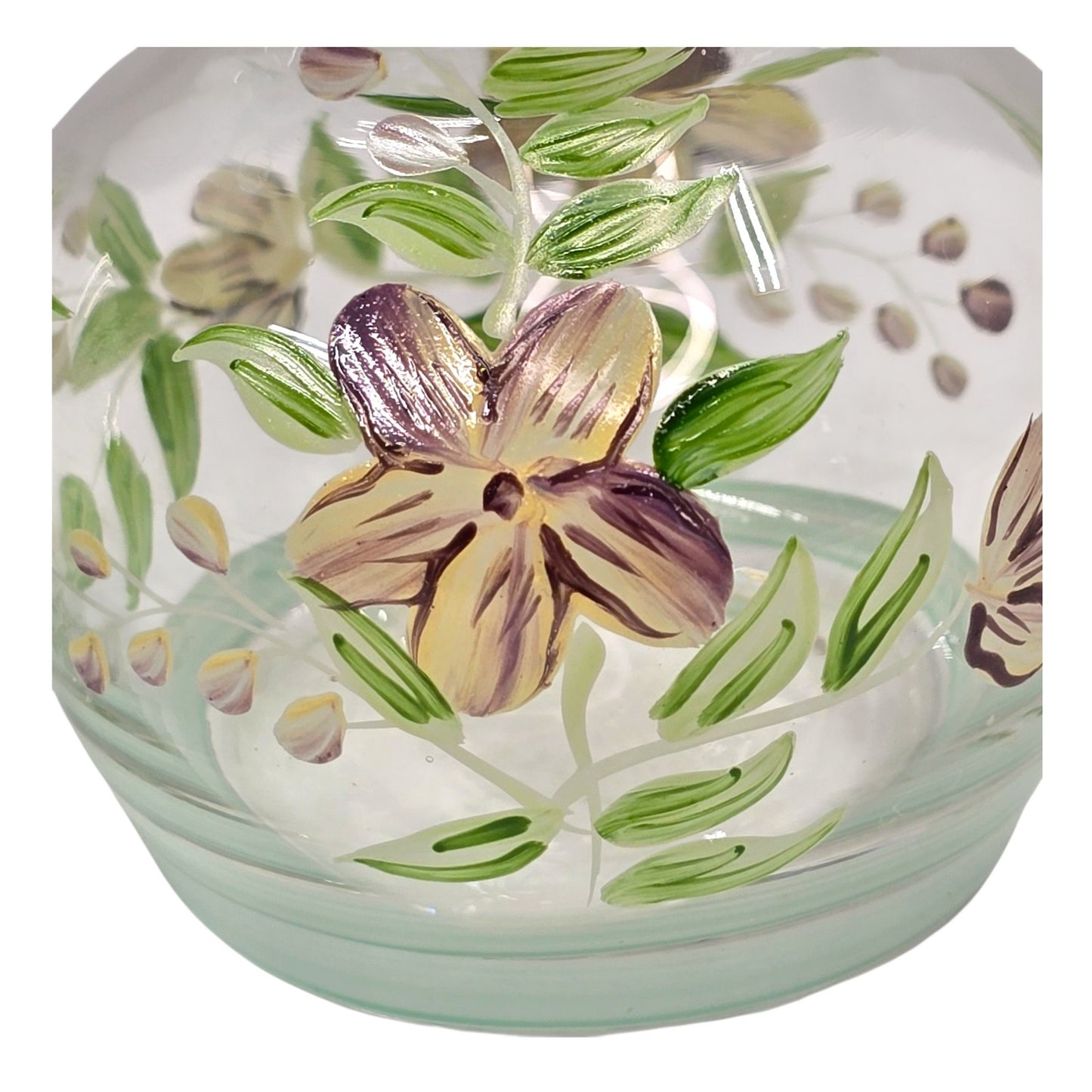 Vtg Hand Painted Floral Glass Vases Lot of 2 Clear Green Trim Small Bud