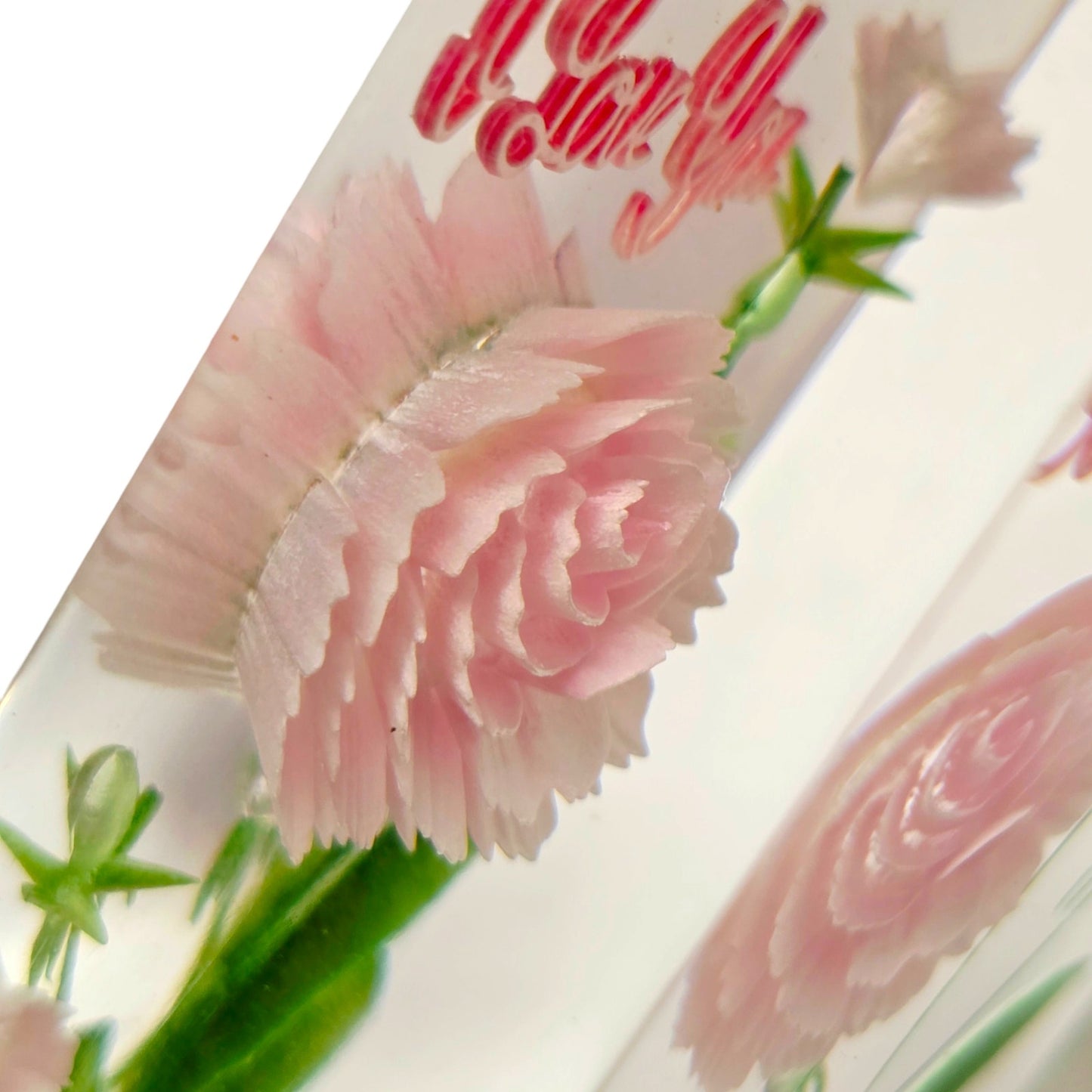 Vintage Lucite Paperweight Pink Carnation Grandma I Love You Flower Acrylic Art nbran