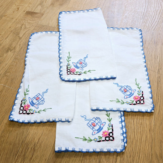 Set of 4: 9.5" x 9.5" Vintage Embroidered Coffee Tea Napkins