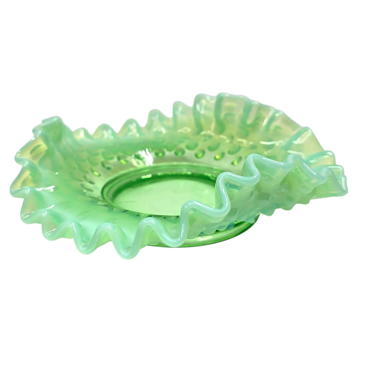 Fenton Green Opalescent Hobnail 3-Pc Set Uranium Vase Basket Dish Glows Green UV