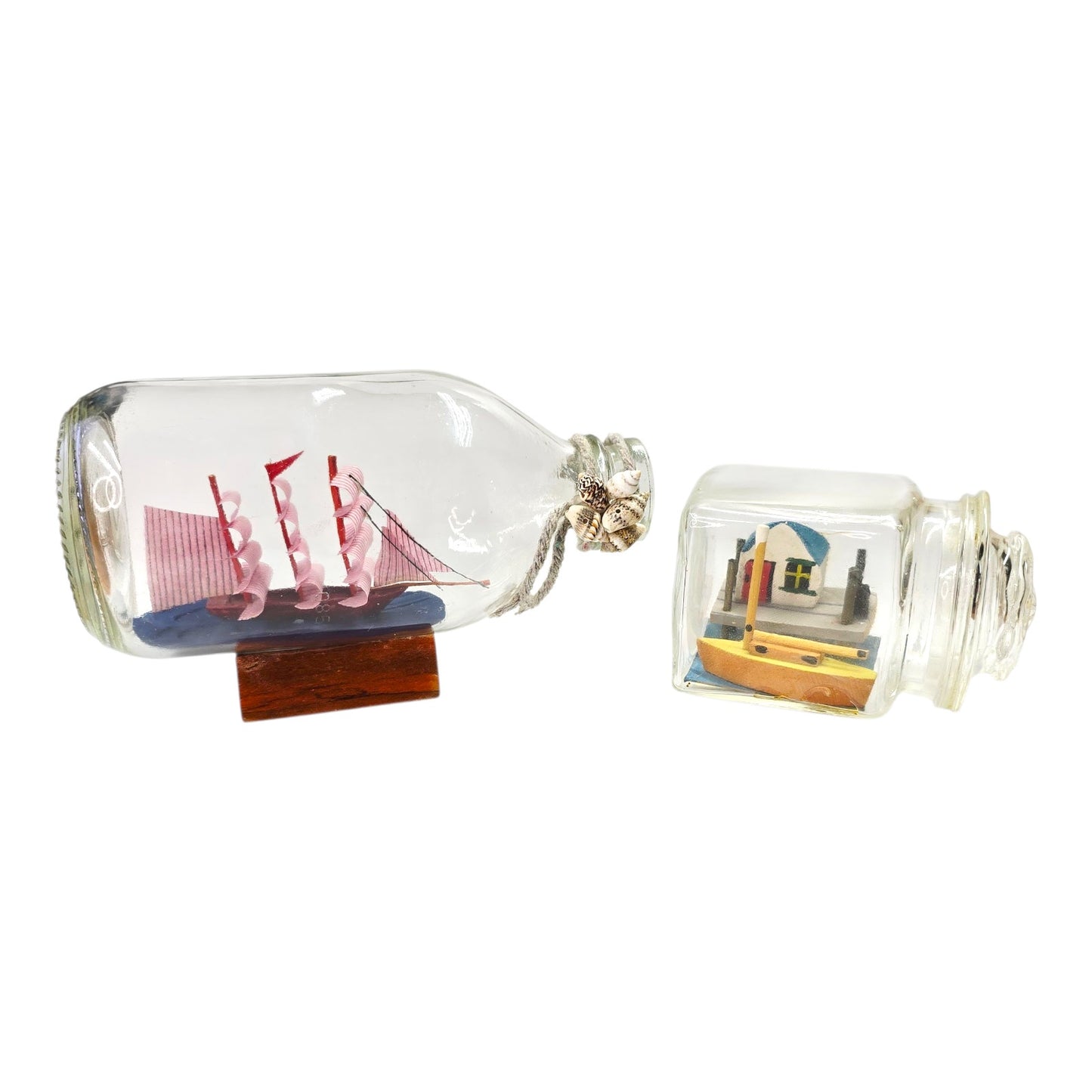 Lot 2 Ship in Bottle Nautical Sailboat House Scene Miniatures Glass Jar Decor