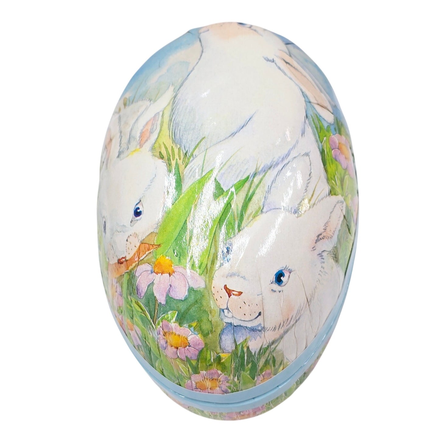 Large Paper Mache Novelty Easter Egg Candy Box with Bunnies, Flowers and Butterflies by See's Candy