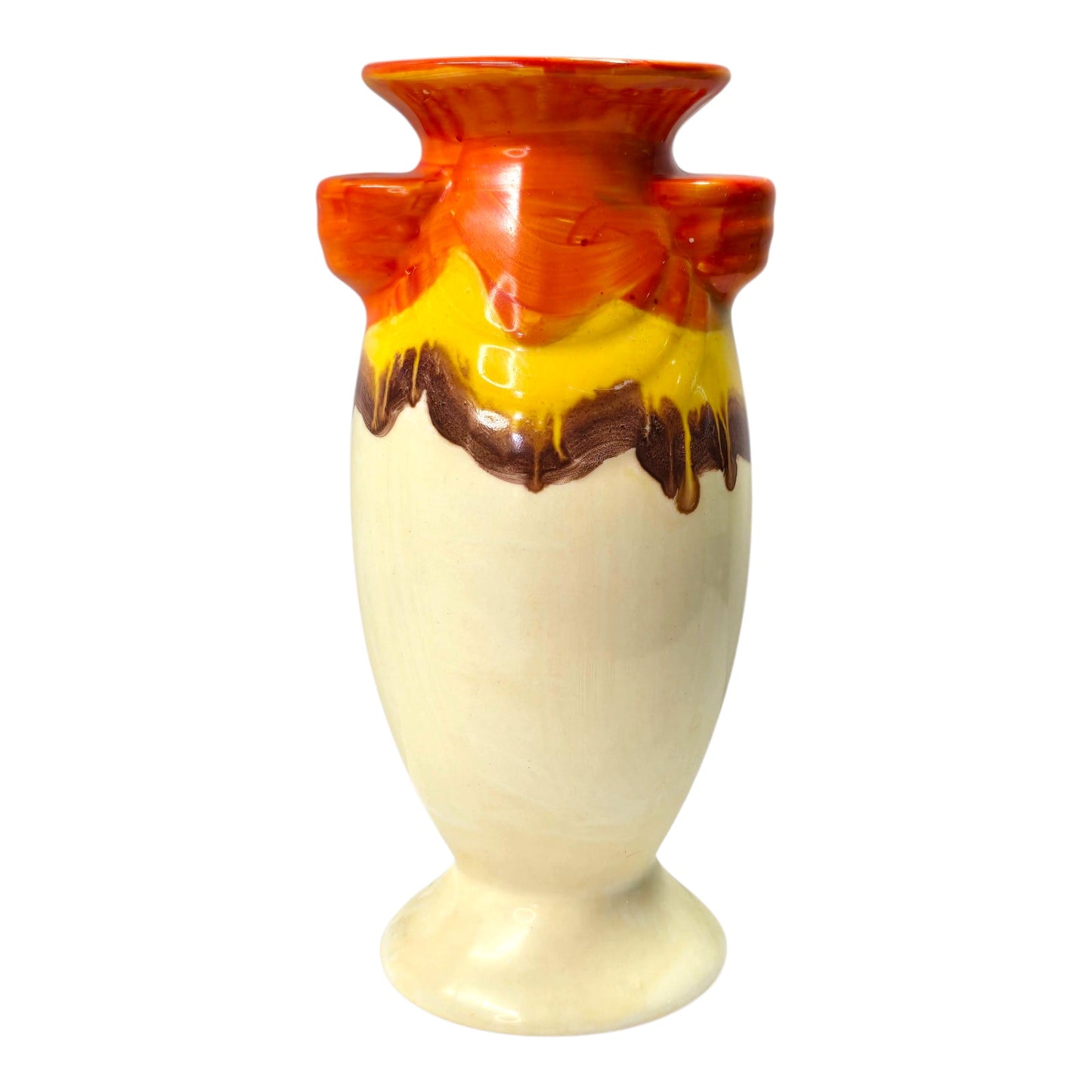 Vtg Czechoslovakia Pottery Vase Orange Yellow Brown Drip Glaze Ceramic 6"