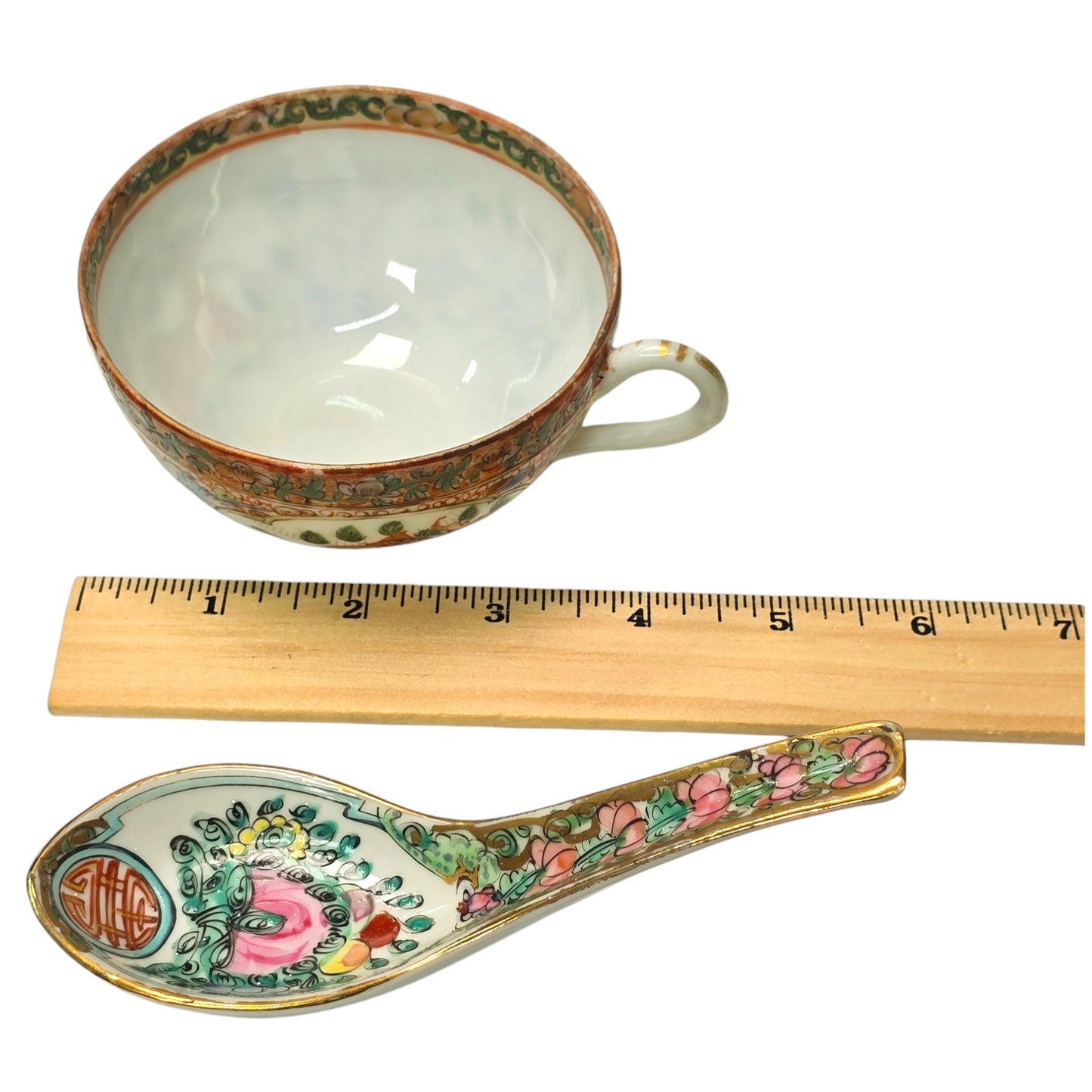 Antique Chinese Rose Medallion Porcelain Teacup with Vintage Japan Porcelainware Soup Spoon