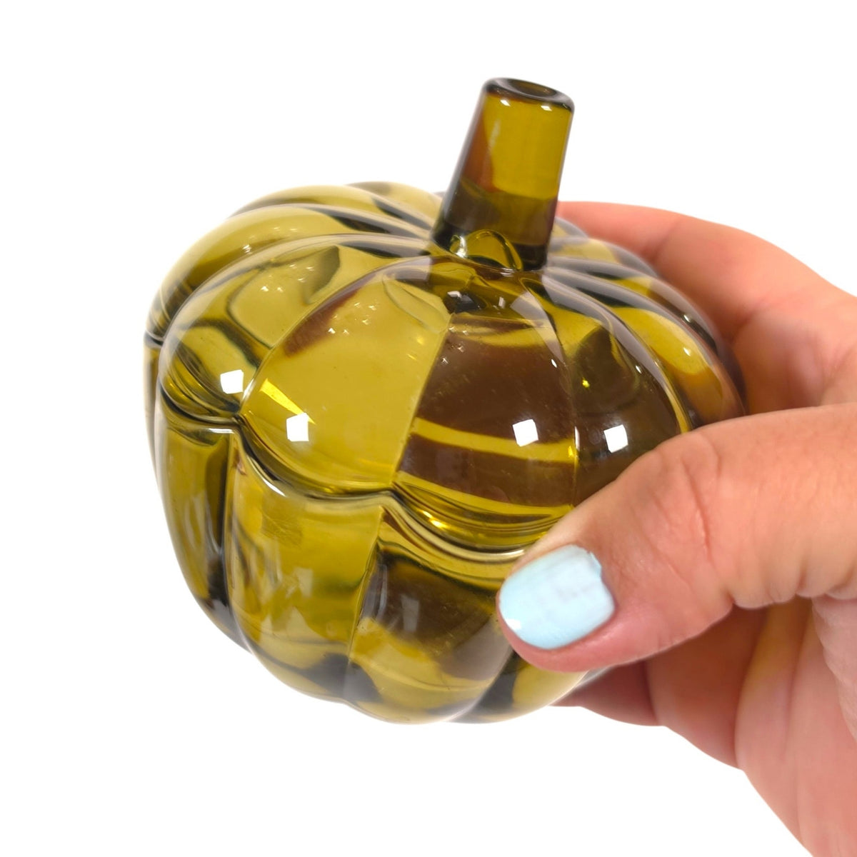 Olive Green Glass Pumpkin Jar with Lid Decorative Fall Trinket Container