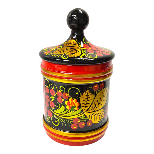 Vtg Russian Khokhloma Painted Wooden Lidded Jar Black Red Gold Floral Folk Art