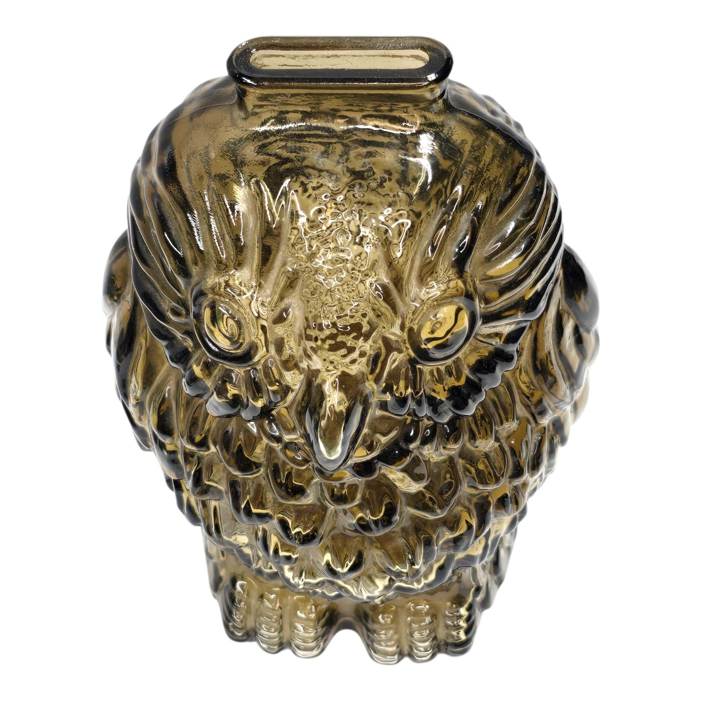 Vtg Anchor Hocking Wise Old Owl Smoke Glass Smoky Topaz Gray Brown Coin Bank MCM