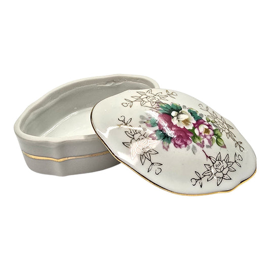 Vtg Floral Porcelain Trinket Box Hand Painted Gold Trim Cottagecore Vanity Decor