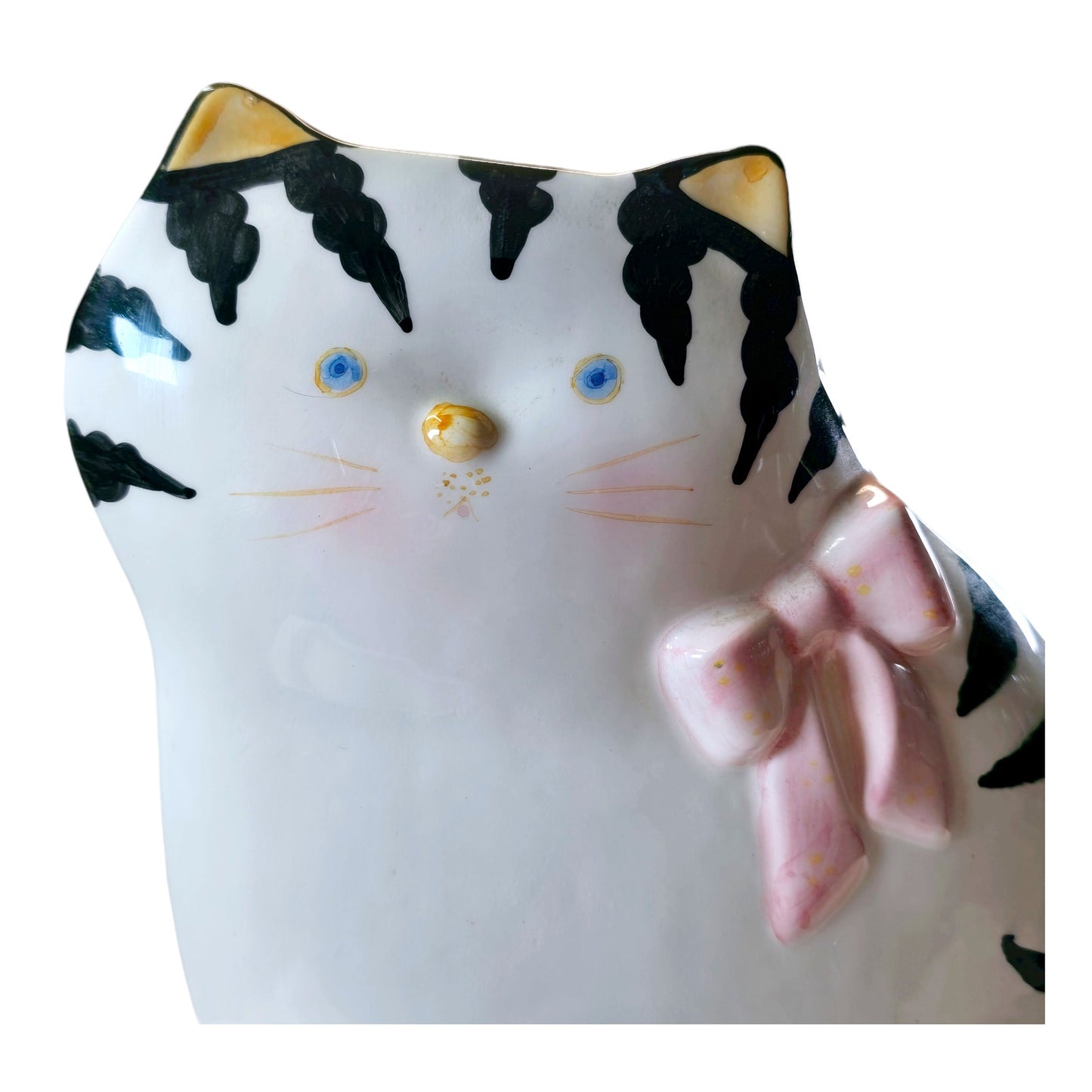 Vintage Flat Cat Coin Bank, White w/ Black Stripes, Pink Bow