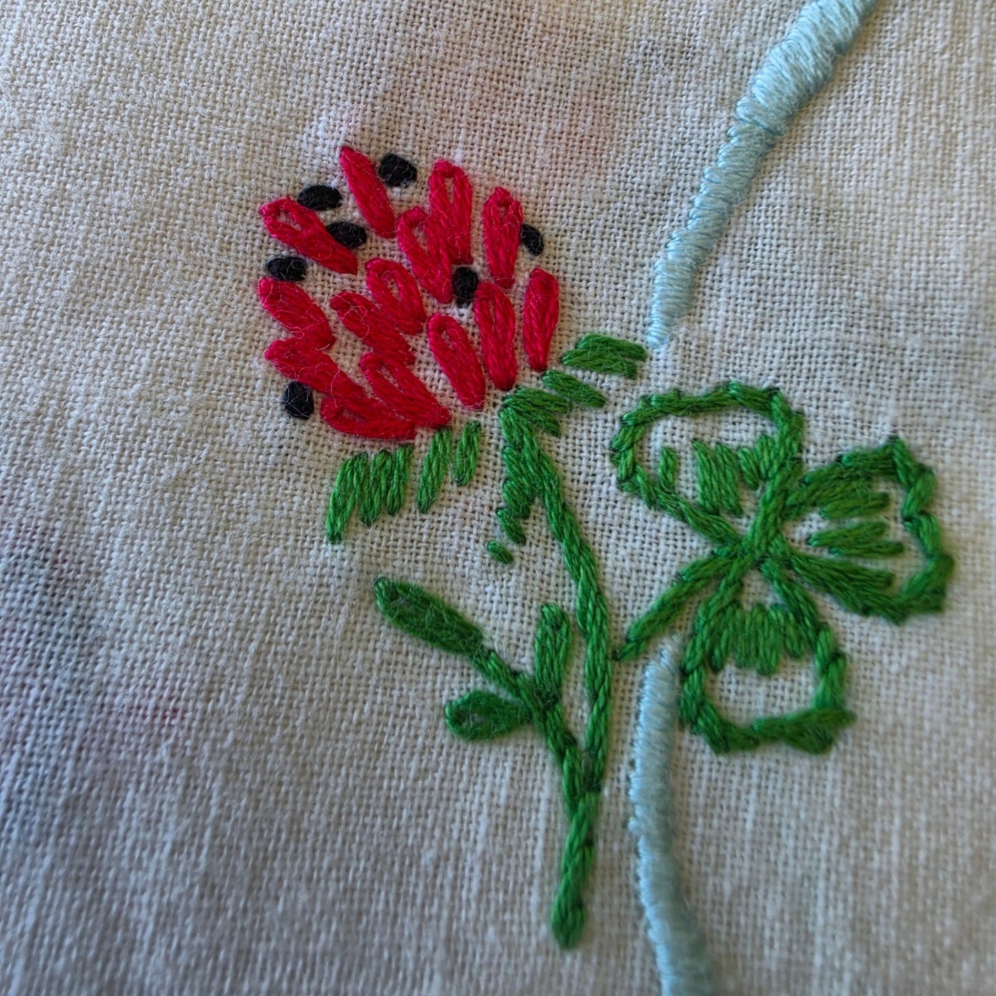 Vintage Berry Blossom Embroidered Linen Table Runner Dresser Scarf Crochet Lace