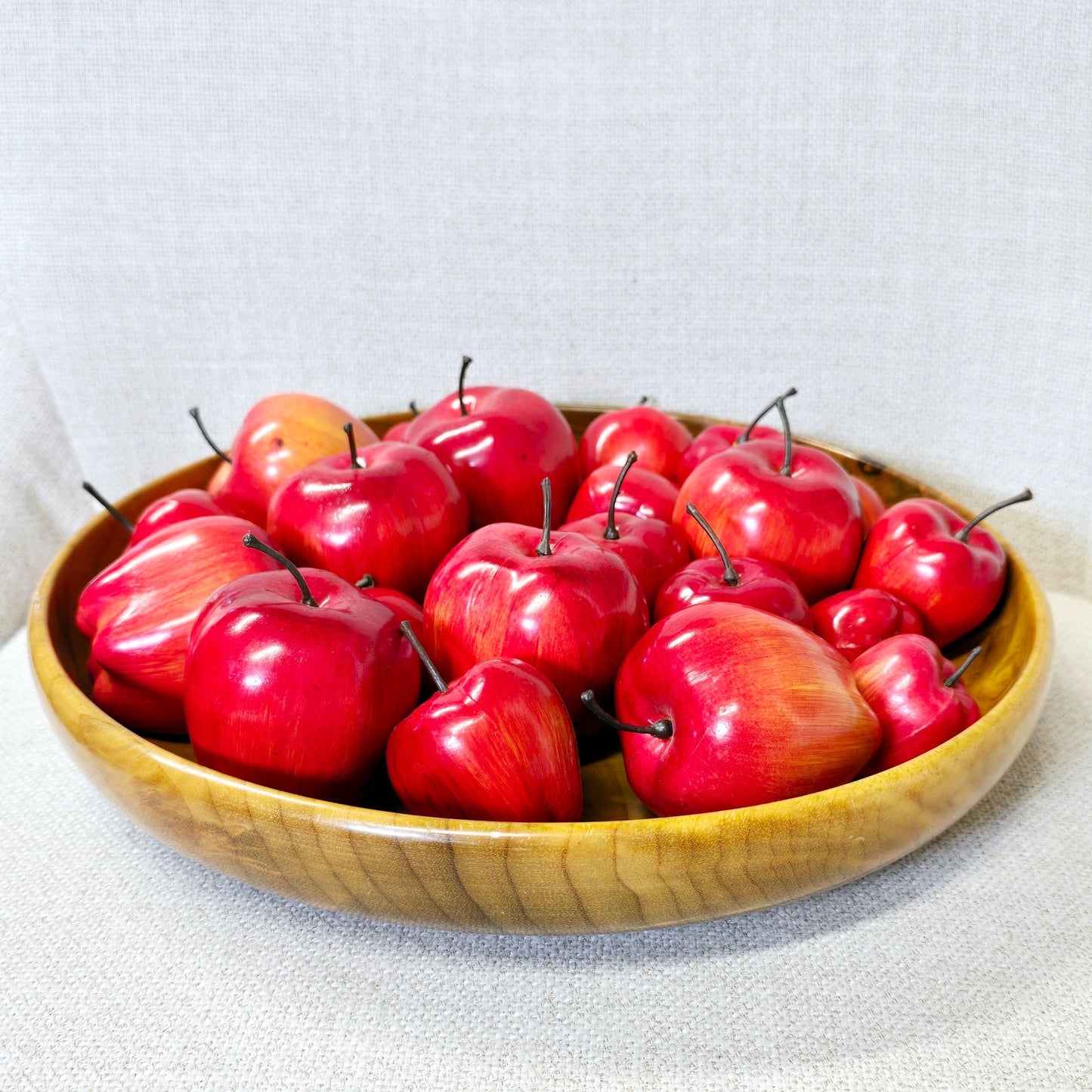 Large Vintage Shallow Bowl Filled With Vibrant Red Apples in Various Sizes