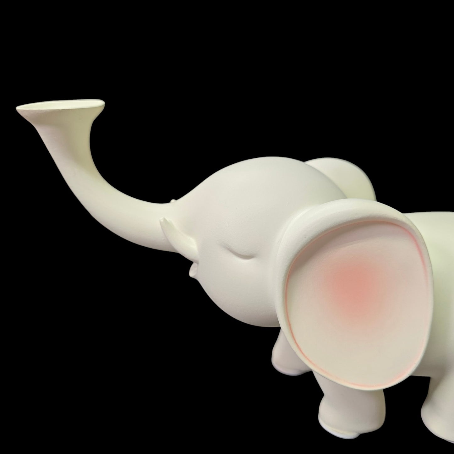 Smooth Satin Ceramic Elephant Figurine, Trunk Up  White and Pink Elephant