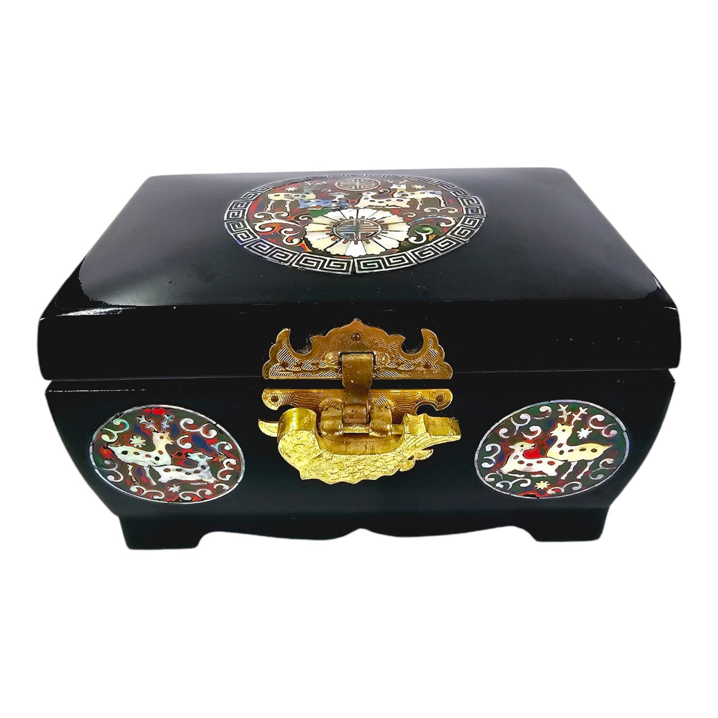 Asian Black Lacquer Mother of Pearl Inlay Jewelry Box, Deer Fawn, Mirrored, 7" W