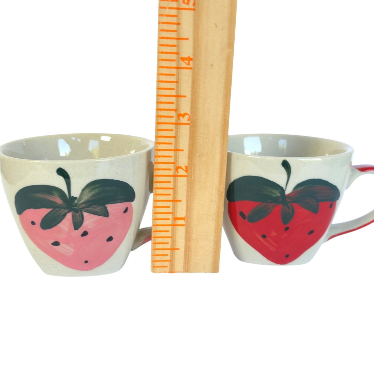Vintage Hand-Painted Stoneware Strawberry Mugs Set of 2 Cute Art Pottery