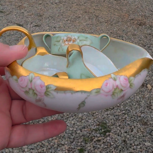 AS SEEN ON VIDEO: Vintage Bavaria Germany Jarvis Porcelain Set - Creamer & 3 Open Salt Cellars