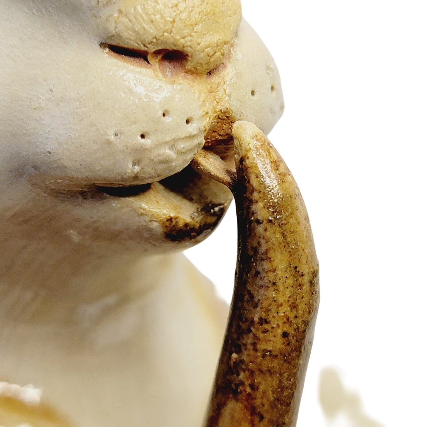 Vtg Signed Asian Rabbit Figurine Playing Long Horn Pottery Seal Mark MCM 8.5"