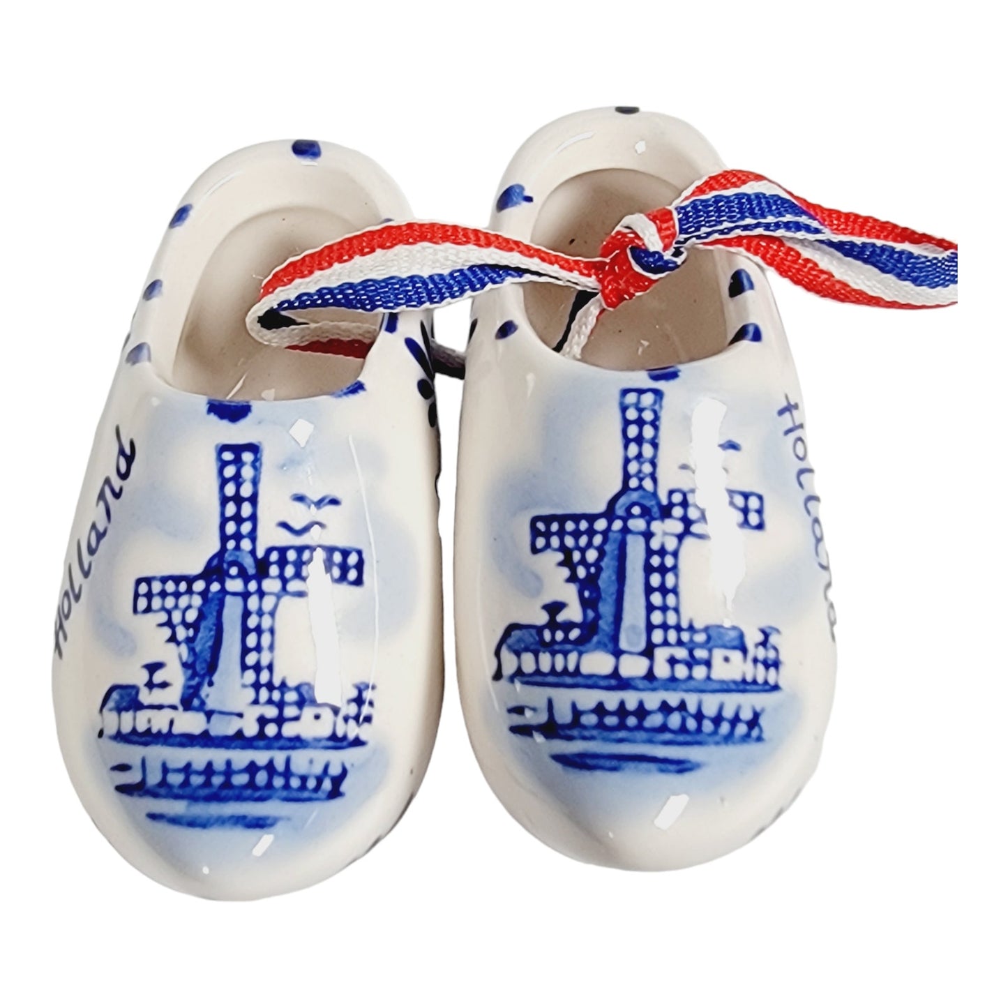 Pair of Tiny Hand-Painted Delft Blue Holland Ceramic Shoes Ornament 3" W