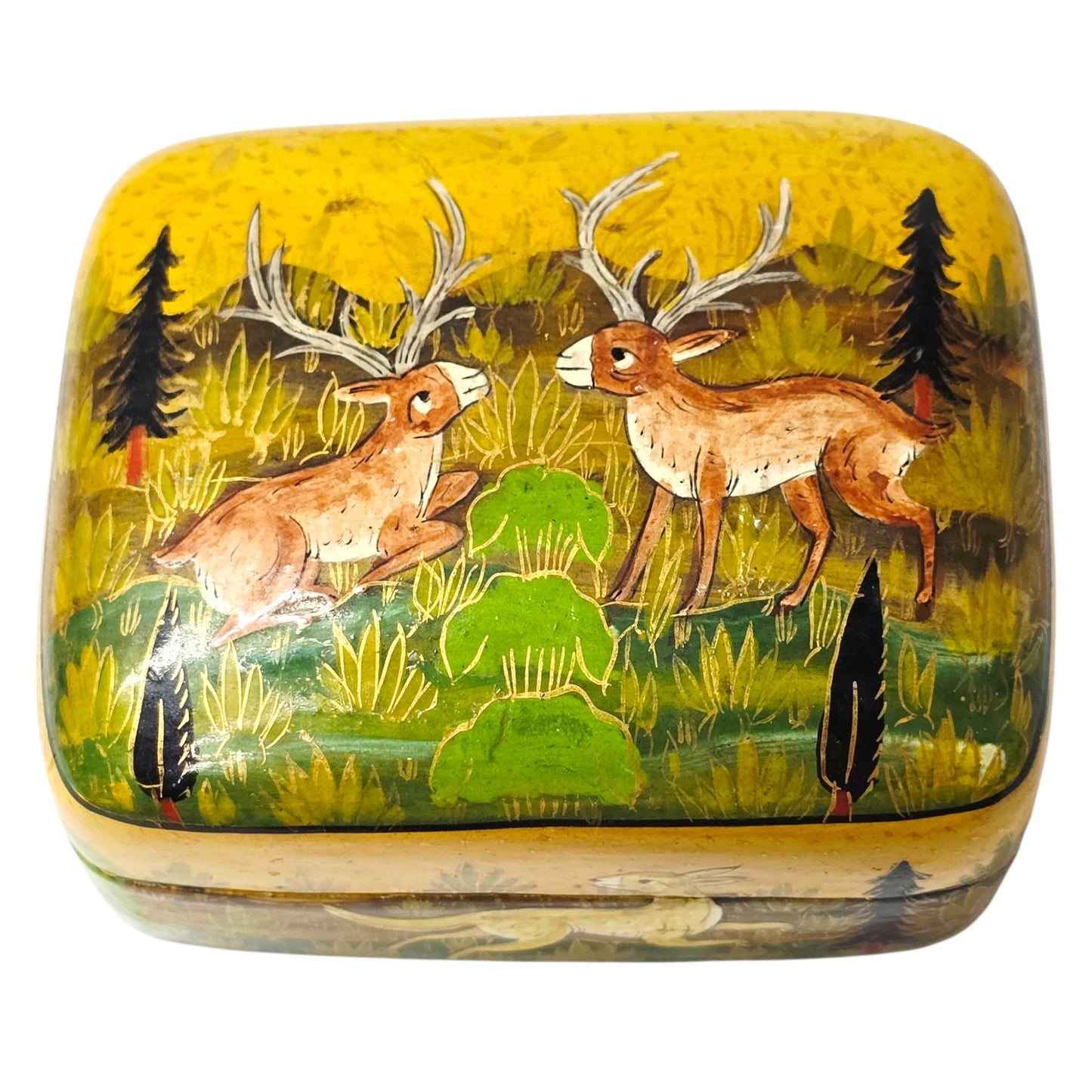 Vintage Kashmiri Hand-Painted Lacquerware Box - Stag & Doe Made in Kashmir India