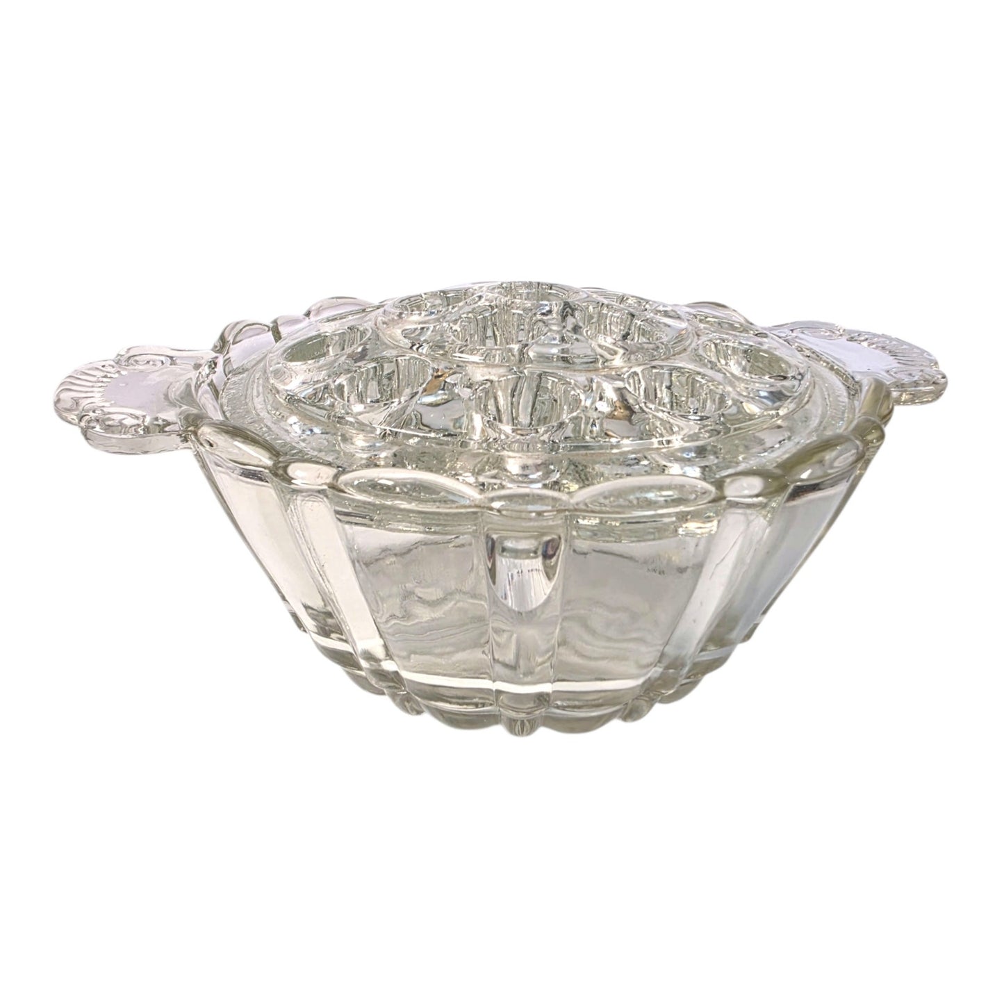 Vintage Clear Pressed Glass Flower Frog Bowl 16-Hole Handle Vase Set