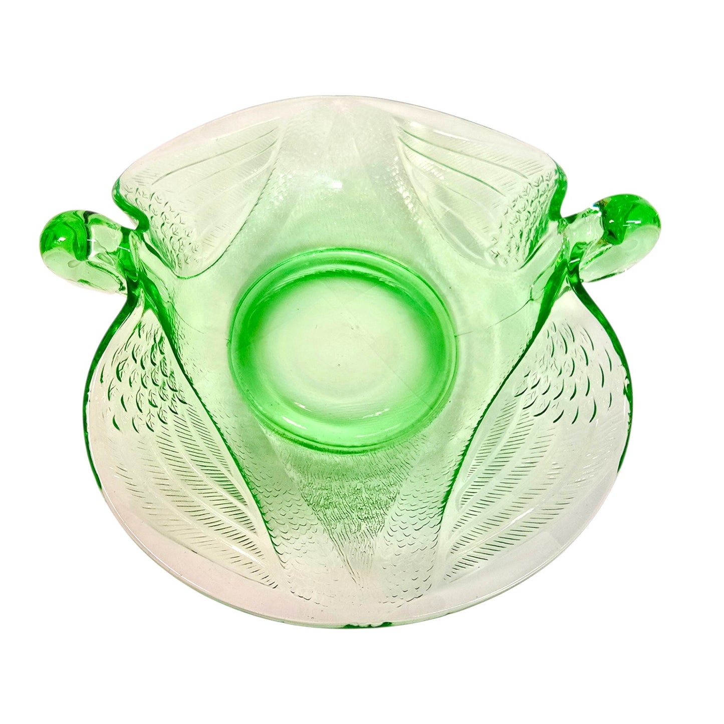 Fenton Dugan Uranium Glass Seagull Dish Swan Double Handle Green Glow Vintage