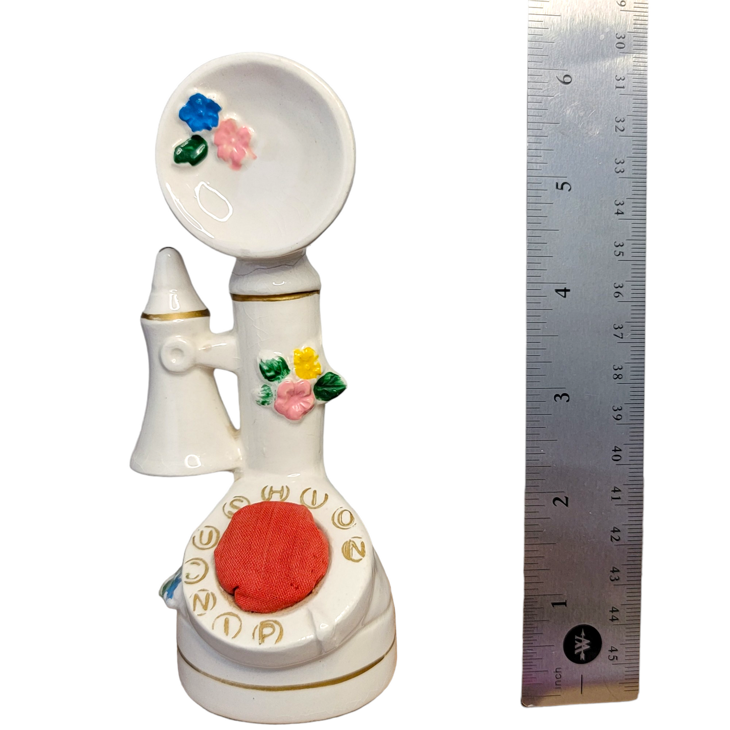 Vintage Phone-Themed Pin Cushion, Thimble/Scissors Holder & Measuring Tape