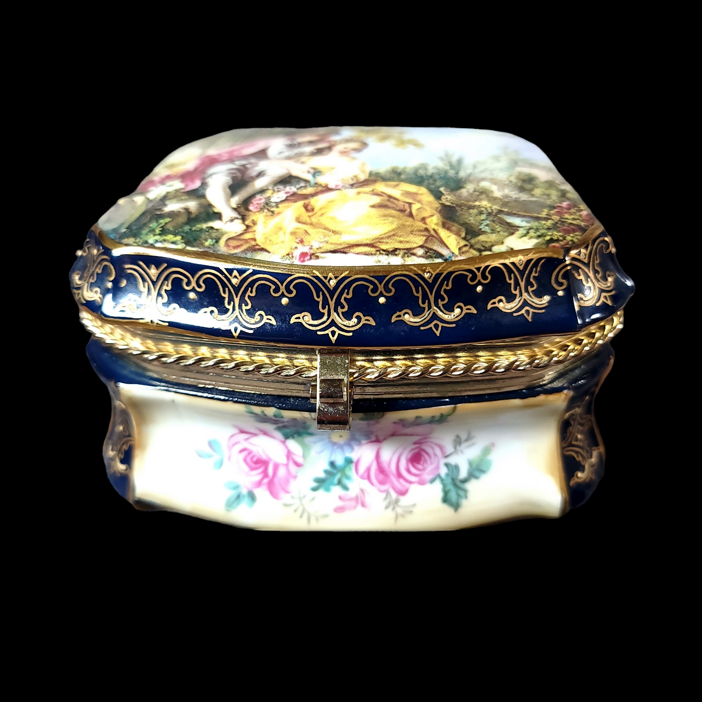 Vintage Porcelain Trinket Box Hand-Painted Courting Coupl3