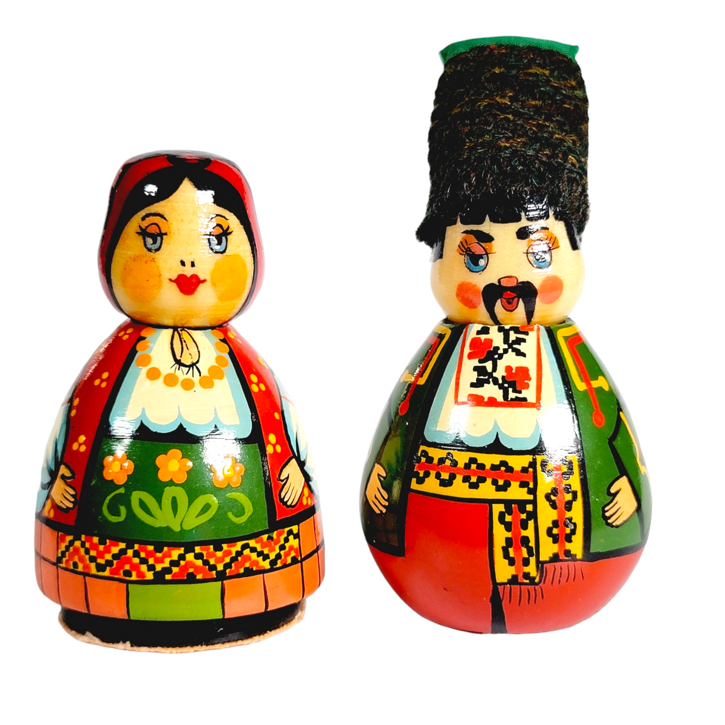 Small Wood Ukrainian Couple Figures/Dolls Colorful Hand Painted Lacquered Finish