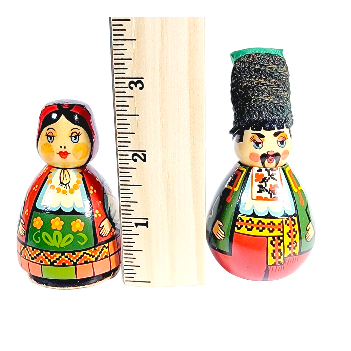 Small Wood Ukrainian Couple Figures/Dolls Colorful Hand Painted Lacquered Finish